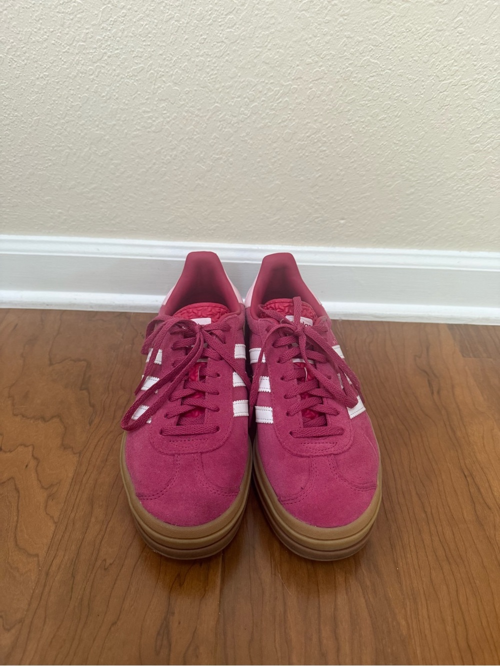 adidas Women’s Gazelle Platform Sneaker - Magenta with White Stripes - Picture 2 of 3